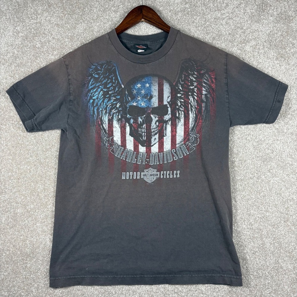 Harley-Davidson Viking Land Brainerd MN Skull American Flag T-Shirt Black Medium